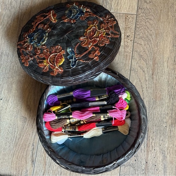 Other - Antique Painted Japanese Wicker Sewing Basket ~ and Embroidery Thread